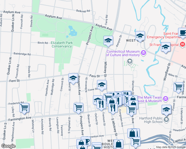 map of restaurants, bars, coffee shops, grocery stores, and more near 211 Oxford Street in Hartford