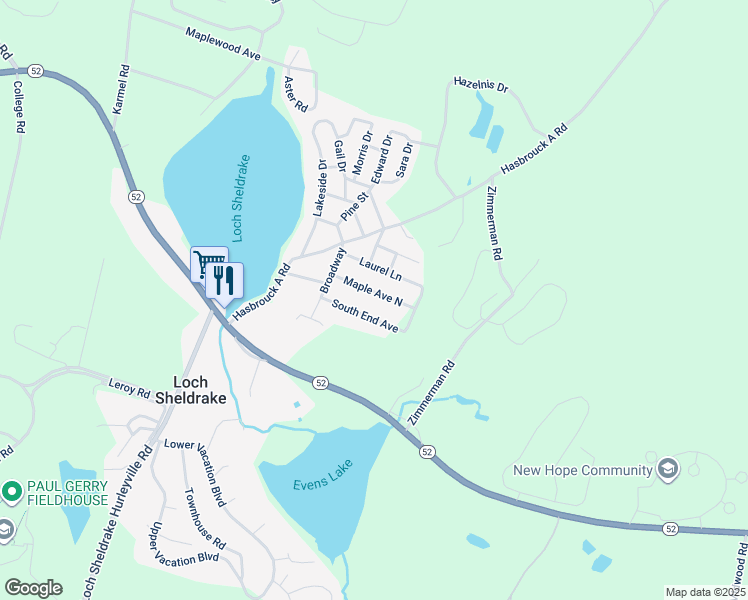 map of restaurants, bars, coffee shops, grocery stores, and more near 24 Maple Street in Fallsburg