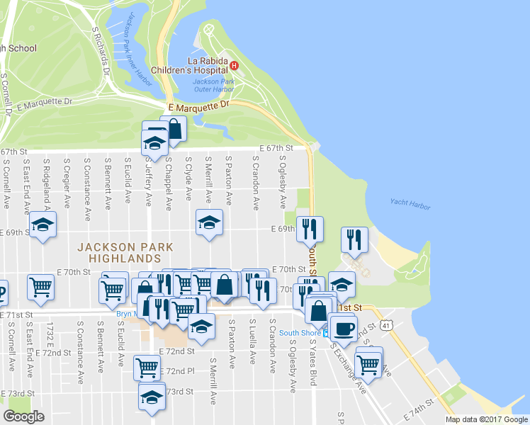 map of restaurants, bars, coffee shops, grocery stores, and more near 6840 South Crandon Avenue in Chicago