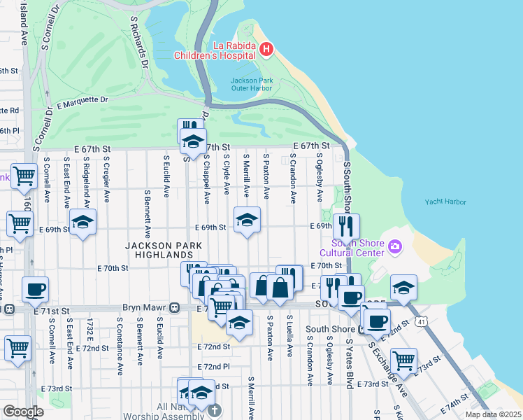 map of restaurants, bars, coffee shops, grocery stores, and more near 6842 South Paxton Avenue in Chicago