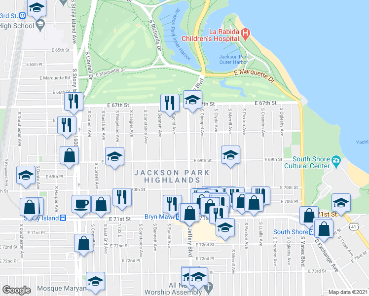 map of restaurants, bars, coffee shops, grocery stores, and more near 6837 South Euclid Avenue in Chicago