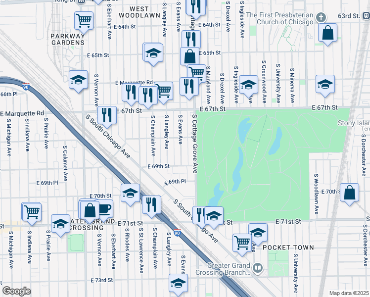 map of restaurants, bars, coffee shops, grocery stores, and more near 6828 South Cottage Grove Avenue in Chicago