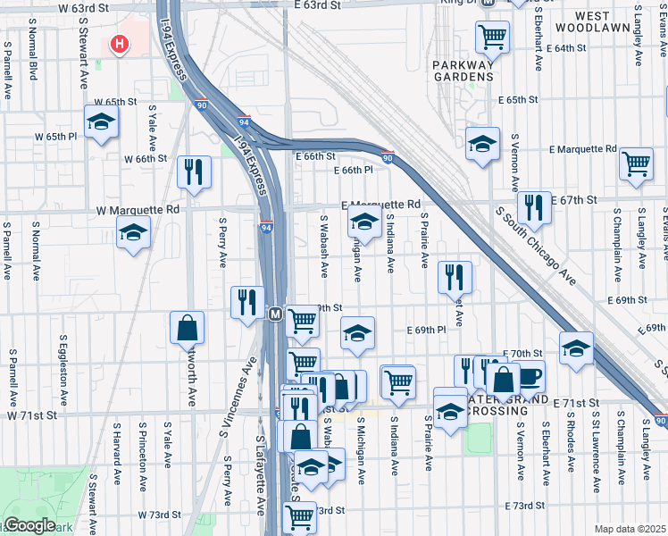 map of restaurants, bars, coffee shops, grocery stores, and more near 6820 South Michigan Avenue in Chicago
