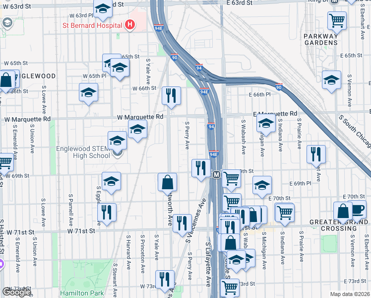 map of restaurants, bars, coffee shops, grocery stores, and more near 6804 South Perry Avenue in Chicago
