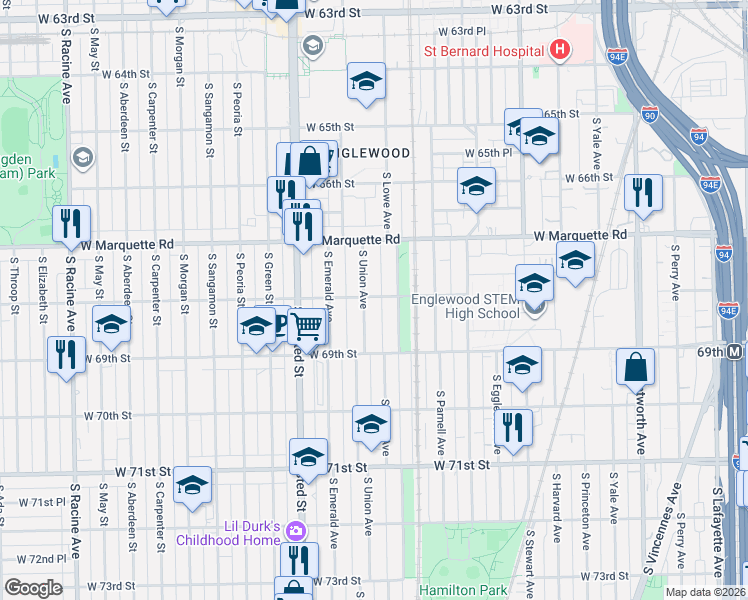 map of restaurants, bars, coffee shops, grocery stores, and more near 6800 South Union Avenue in Chicago