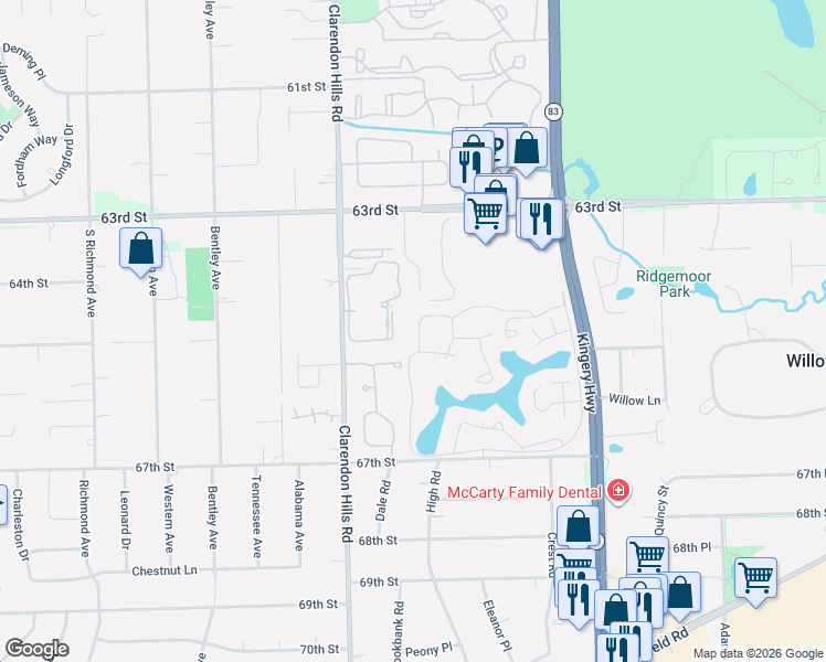 map of restaurants, bars, coffee shops, grocery stores, and more near 60 Portwine Road in Willowbrook