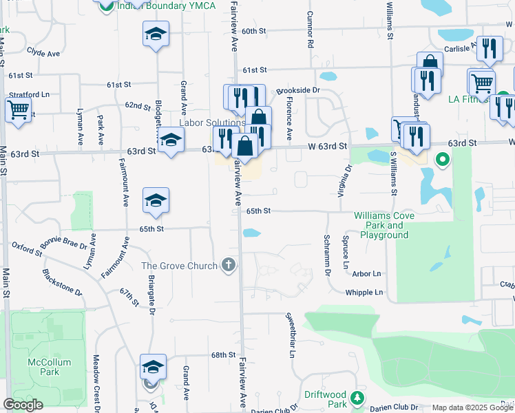 map of restaurants, bars, coffee shops, grocery stores, and more near 732 65th Street in Westmont