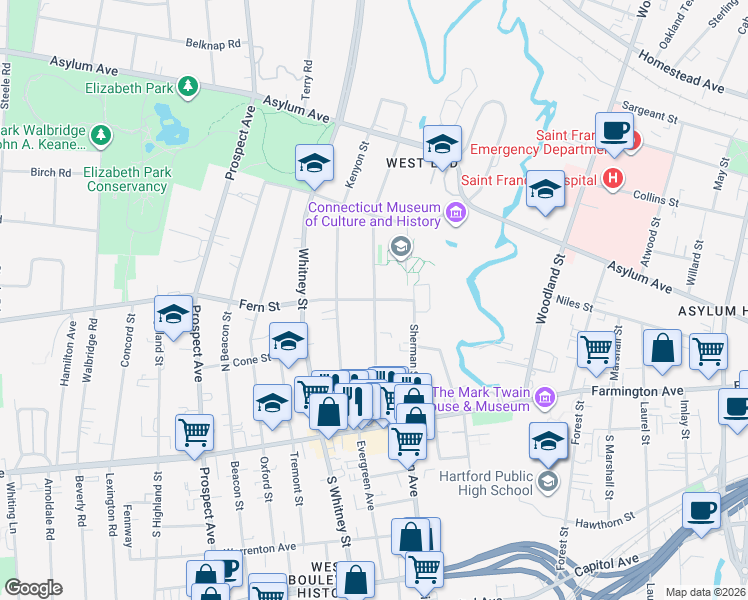 map of restaurants, bars, coffee shops, grocery stores, and more near 2 Fern Street in Hartford