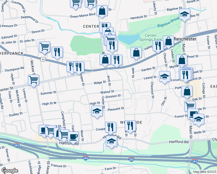 map of restaurants, bars, coffee shops, grocery stores, and more near 54 Arch Street in Manchester