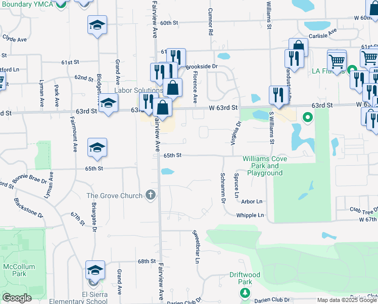 map of restaurants, bars, coffee shops, grocery stores, and more near 700 65th Street in Westmont