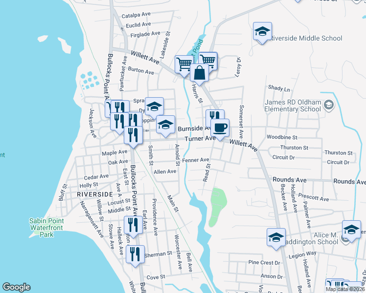 map of restaurants, bars, coffee shops, grocery stores, and more near 100 Dorr Avenue in East Providence
