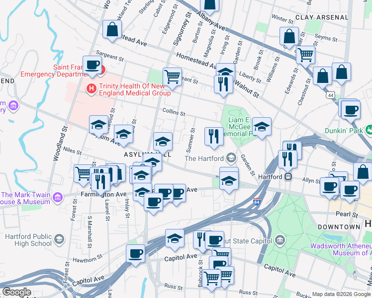 map of restaurants, bars, coffee shops, grocery stores, and more near 33 Sumner Street in Hartford