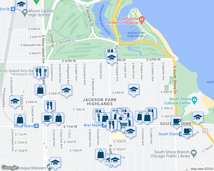 map of restaurants, bars, coffee shops, grocery stores, and more near 6837 South Euclid Avenue in Chicago
