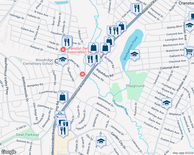 map of restaurants, bars, coffee shops, grocery stores, and more near 54 Delway Road in Cranston