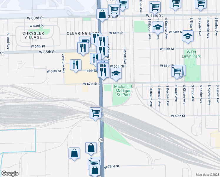 map of restaurants, bars, coffee shops, grocery stores, and more near 6700 South Keating Avenue in Chicago