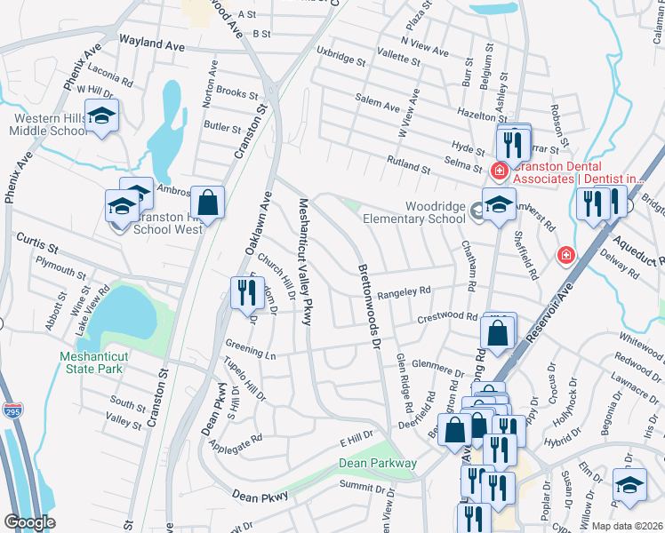 map of restaurants, bars, coffee shops, grocery stores, and more near 95 Woodstock Lane in Cranston