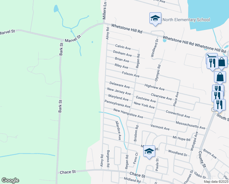 map of restaurants, bars, coffee shops, grocery stores, and more near 123 New Jersey Avenue in Somerset