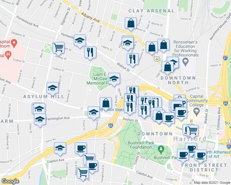 map of restaurants, bars, coffee shops, grocery stores, and more near 87 Spring Street in Hartford