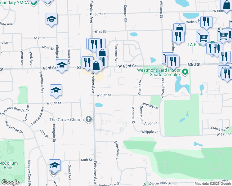 map of restaurants, bars, coffee shops, grocery stores, and more near 608 65th Street in Westmont