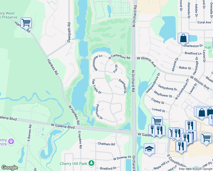 map of restaurants, bars, coffee shops, grocery stores, and more near 460 North Canterbury Road in Aurora