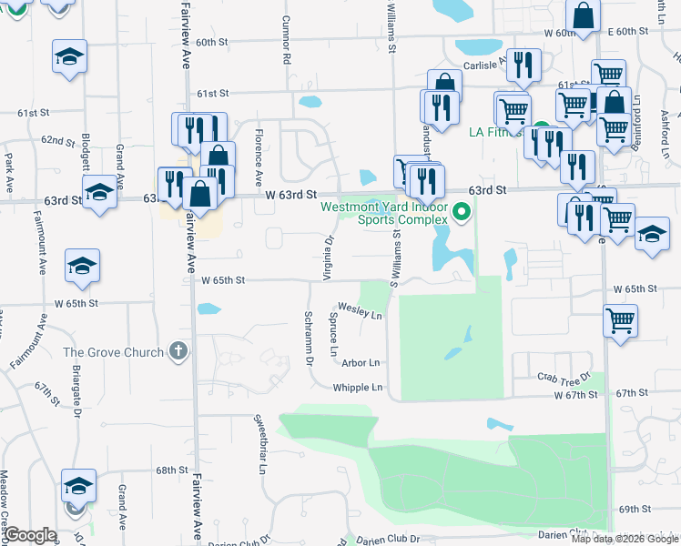 map of restaurants, bars, coffee shops, grocery stores, and more near 436 65th Street in Westmont