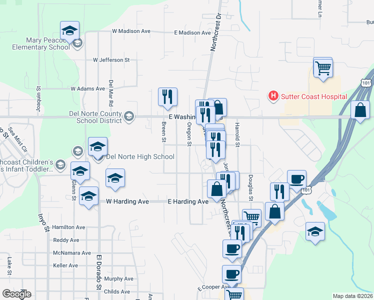 map of restaurants, bars, coffee shops, grocery stores, and more near 1380 Oregon Street in Crescent City