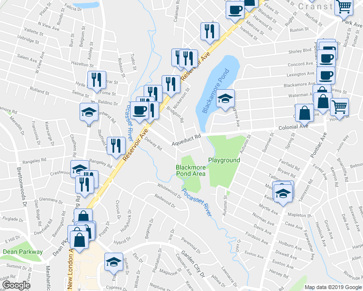 map of restaurants, bars, coffee shops, grocery stores, and more near 292 Aqueduct Rd in Cranston