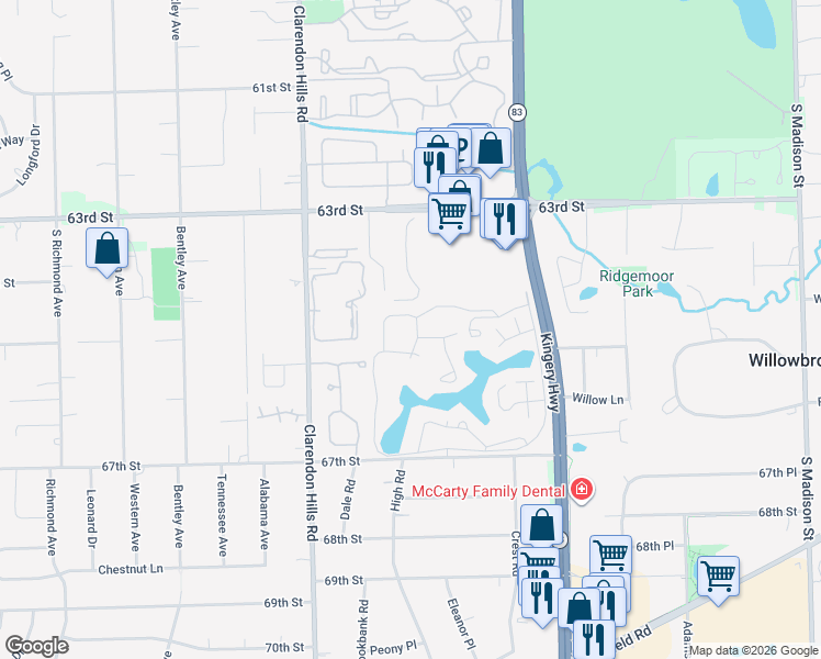 map of restaurants, bars, coffee shops, grocery stores, and more near 21 Portwine Road in Willowbrook
