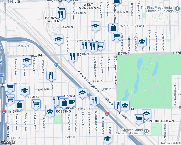 map of restaurants, bars, coffee shops, grocery stores, and more near 6824 South Saint Lawrence Avenue in Chicago