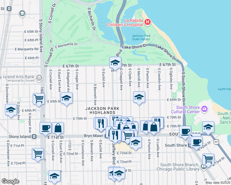 map of restaurants, bars, coffee shops, grocery stores, and more near 6839 South Jeffery Boulevard in Chicago