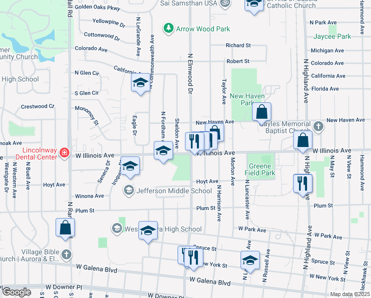 map of restaurants, bars, coffee shops, grocery stores, and more near 1005 West Illinois Avenue in Aurora