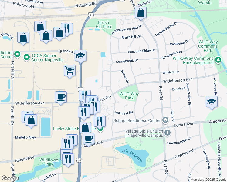 map of restaurants, bars, coffee shops, grocery stores, and more near 1447 West Jefferson Avenue in Naperville