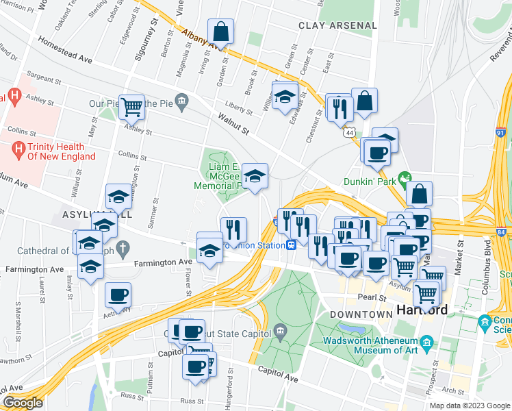 map of restaurants, bars, coffee shops, grocery stores, and more near 91 Spring Street in Hartford