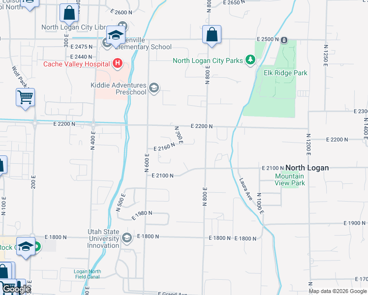 map of restaurants, bars, coffee shops, grocery stores, and more near 710 East 2160 North in North Logan