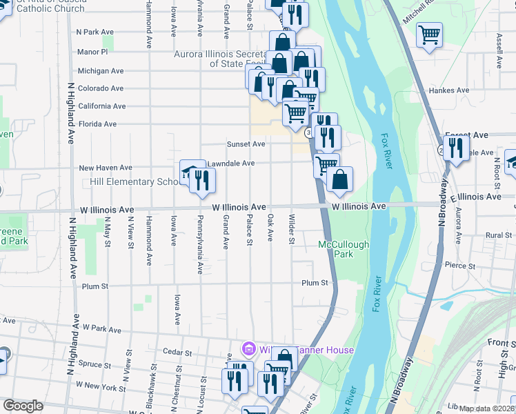map of restaurants, bars, coffee shops, grocery stores, and more near 320 West Illinois Avenue in Aurora