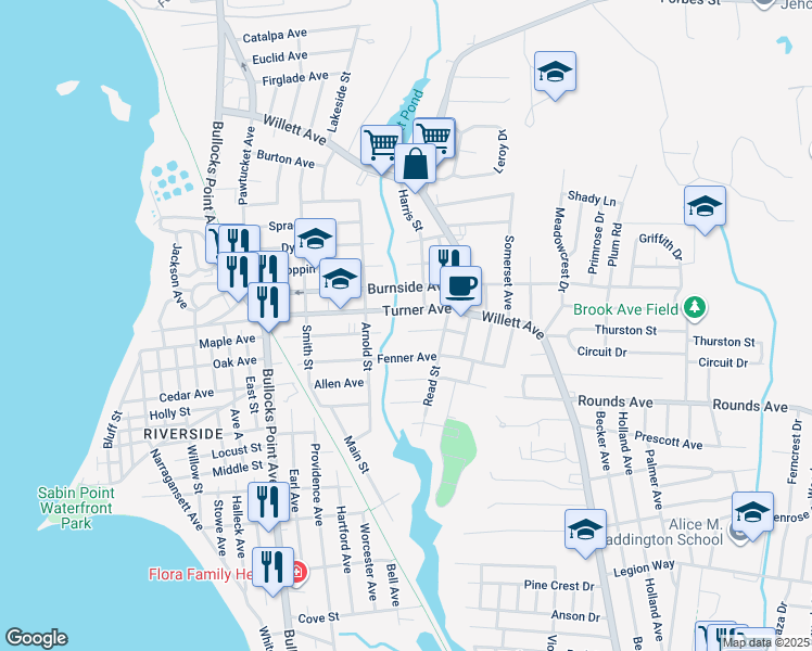map of restaurants, bars, coffee shops, grocery stores, and more near 112 Dorr Avenue in East Providence