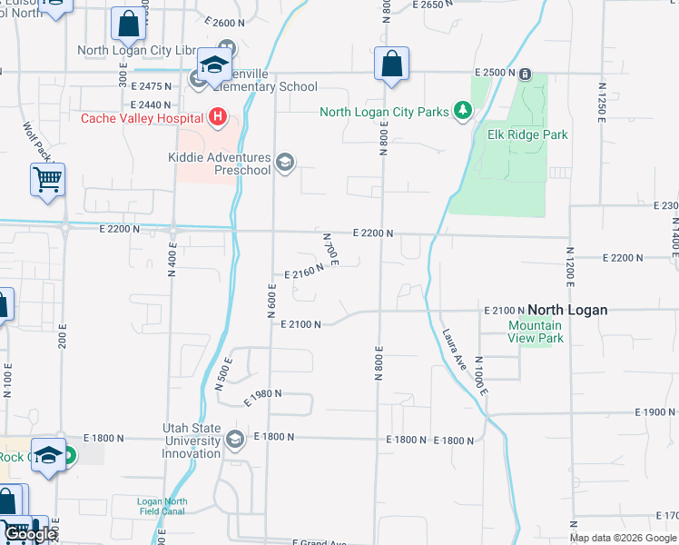 map of restaurants, bars, coffee shops, grocery stores, and more near 710 East 2160 North in North Logan