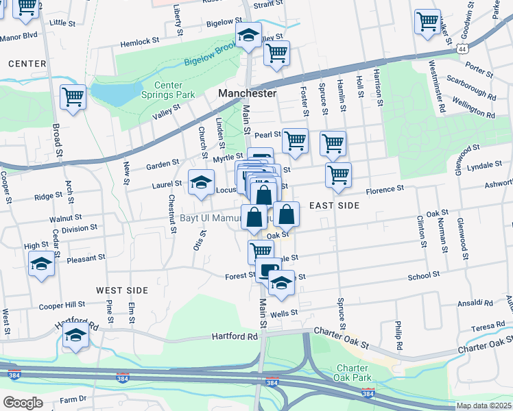 map of restaurants, bars, coffee shops, grocery stores, and more near Main Street & Purnell Place in Manchester