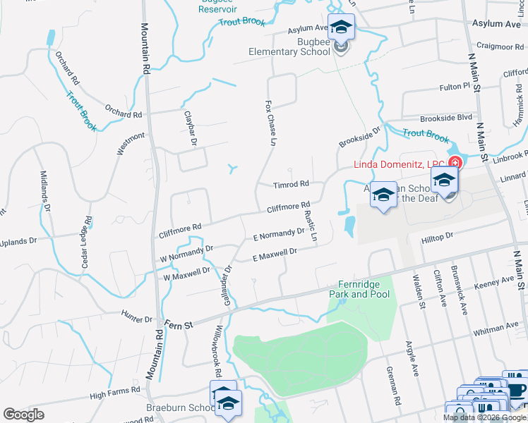 map of restaurants, bars, coffee shops, grocery stores, and more near Cliffmore Road in West Hartford
