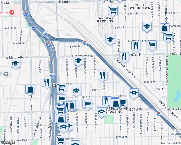 map of restaurants, bars, coffee shops, grocery stores, and more near 6817 South Indiana Avenue in Chicago