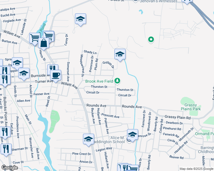 map of restaurants, bars, coffee shops, grocery stores, and more near 78 Thurston Street in East Providence
