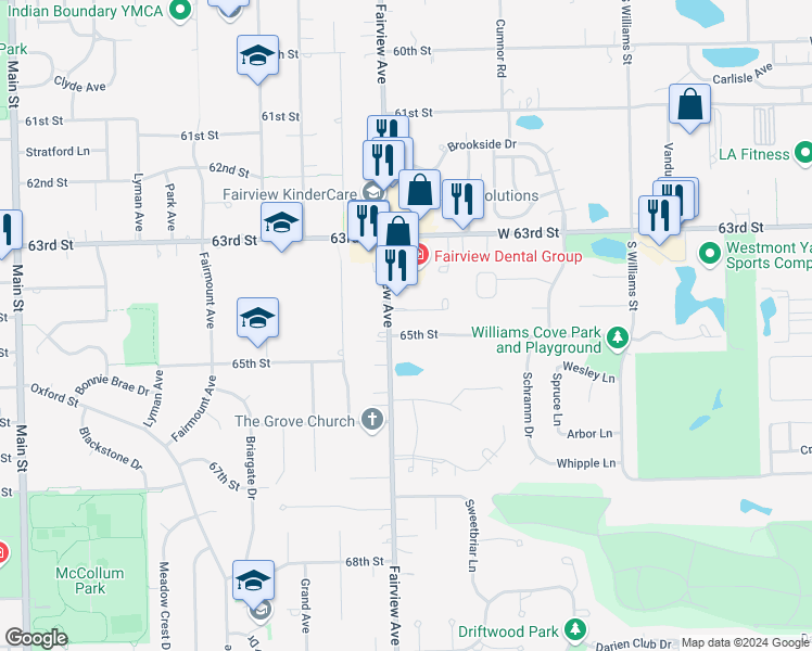 map of restaurants, bars, coffee shops, grocery stores, and more near 732 65th Street in Westmont