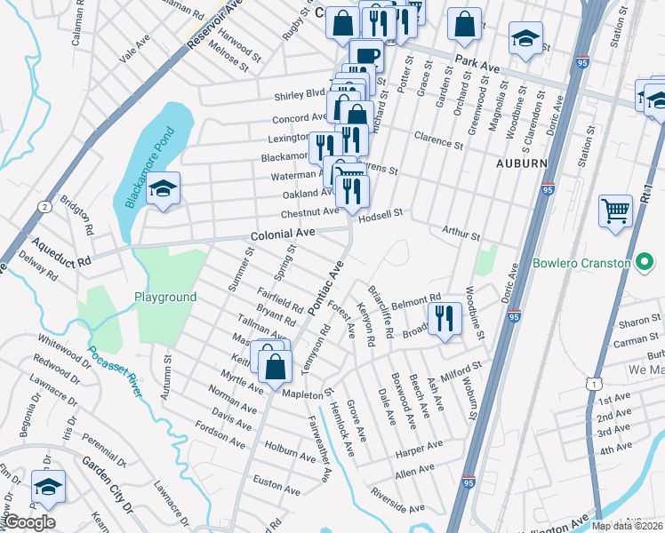 map of restaurants, bars, coffee shops, grocery stores, and more near 600 Pontiac Avenue in Cranston