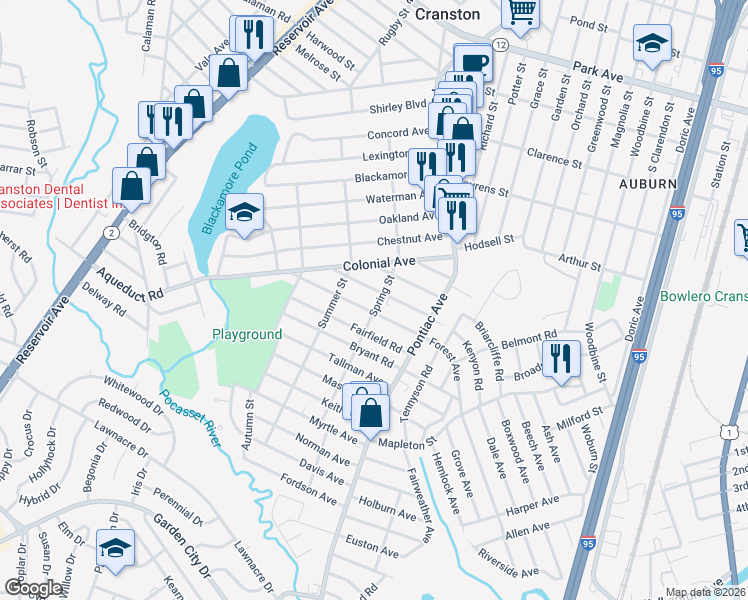 map of restaurants, bars, coffee shops, grocery stores, and more near 47 Waldron Avenue in Cranston