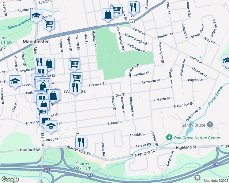 map of restaurants, bars, coffee shops, grocery stores, and more near 225 Oak Street in Manchester