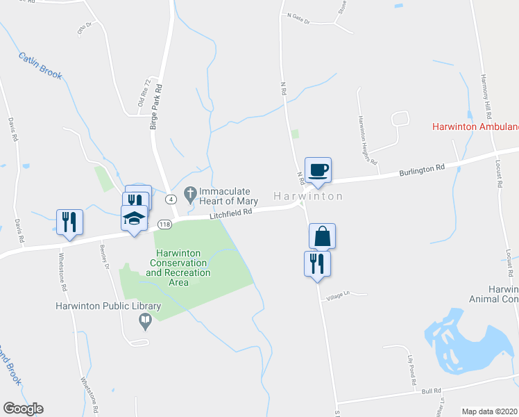 map of restaurants, bars, coffee shops, grocery stores, and more near 34 Litchfield Road in Harwinton