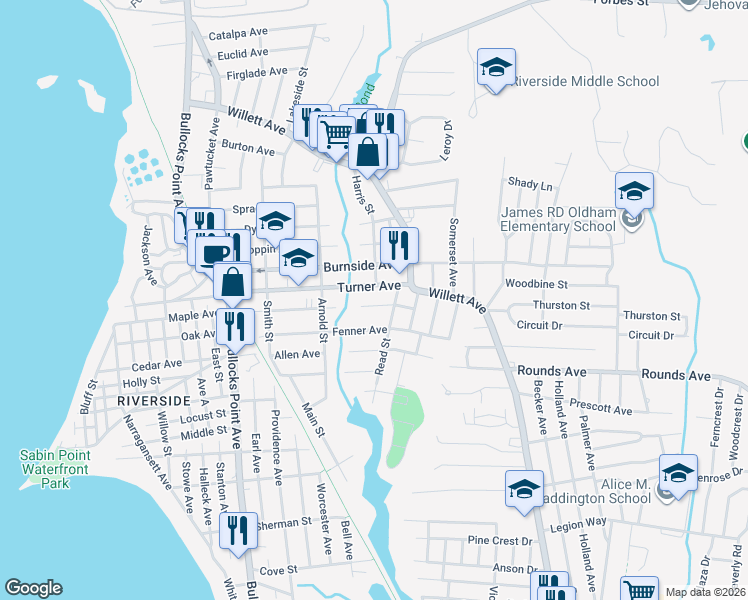map of restaurants, bars, coffee shops, grocery stores, and more near 149 Dorr Avenue in East Providence