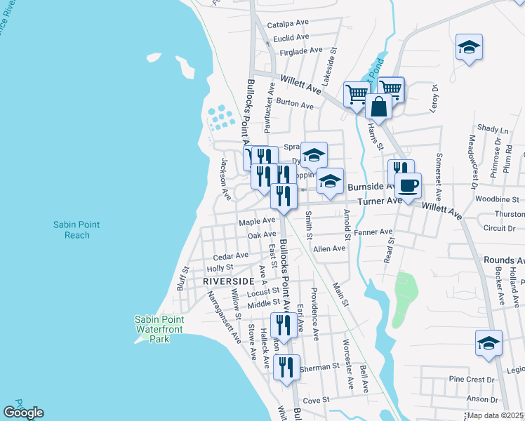 map of restaurants, bars, coffee shops, grocery stores, and more near 33 Maple Avenue in East Providence