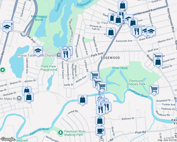 map of restaurants, bars, coffee shops, grocery stores, and more near 65 Lyndon Road in Cranston