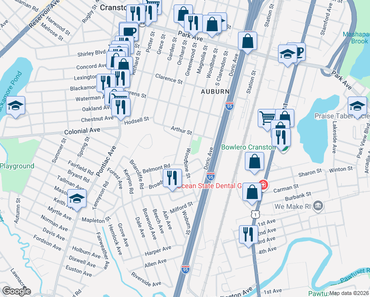 map of restaurants, bars, coffee shops, grocery stores, and more near 343 Woodbine Street in Cranston